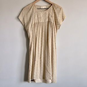 Rutzou Tan Silk Dress in Silver Dot Pattern Size 36/US2